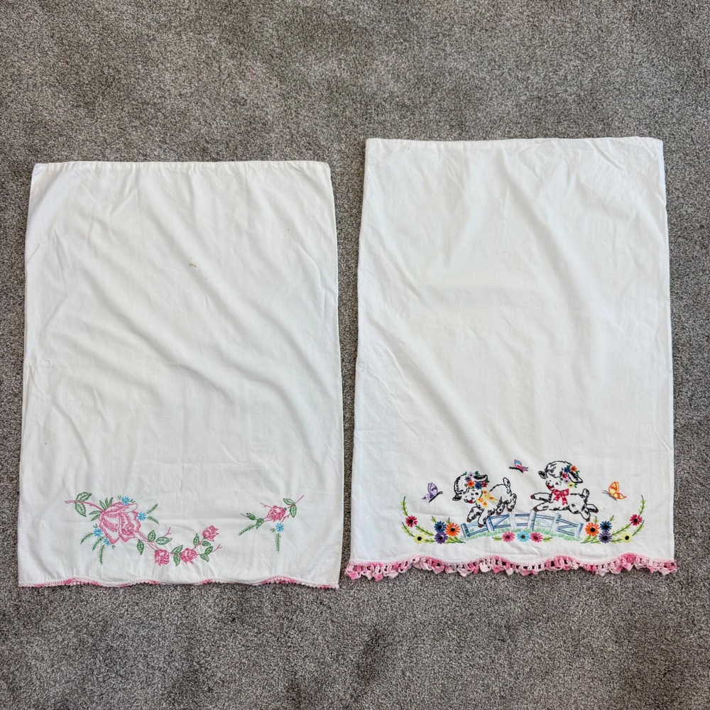 Vintage Hand Embroidered Pillowcase Set Lambs Roses Crochet Trim Cottagecore 2pc
